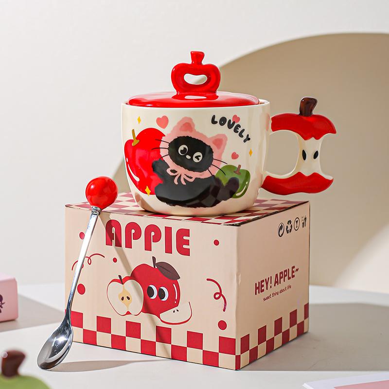 Creative Apple Cat Mug with Lid High Pretty Couple Ceramic Cup Souvenir Gift Cup for Best Friends Breakfast Cup