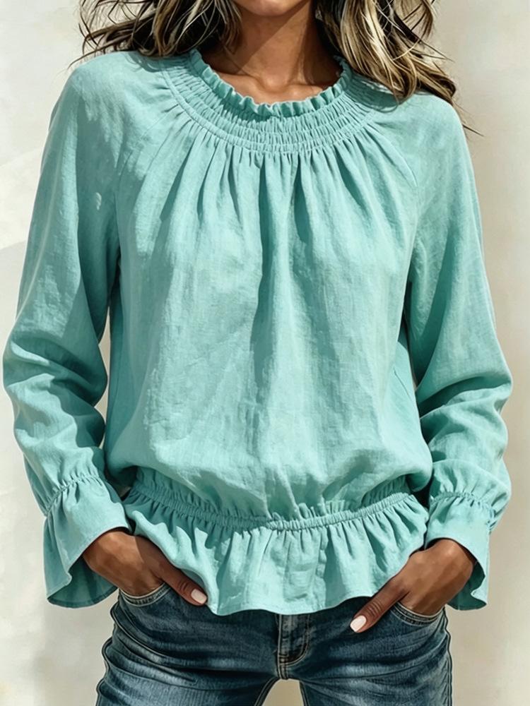 Women's Casual Color Long Sleeve Ruffle Blouse with Round Neck
