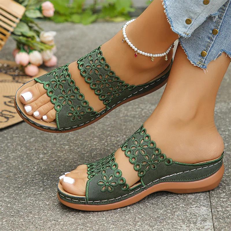 Hollow Out Flower Wedge Sandals Women Summer 2025 Soft Bottom Slip On Platform Slides Woman Plus Size 43 Heels Rome Shoes Woman