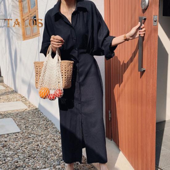 Women Spring Fall Dress Loose Lapel Solid Color Single-breasted Split Hem Soft Long Sleeve Retro Casual Commute Pleated Maxi Dress