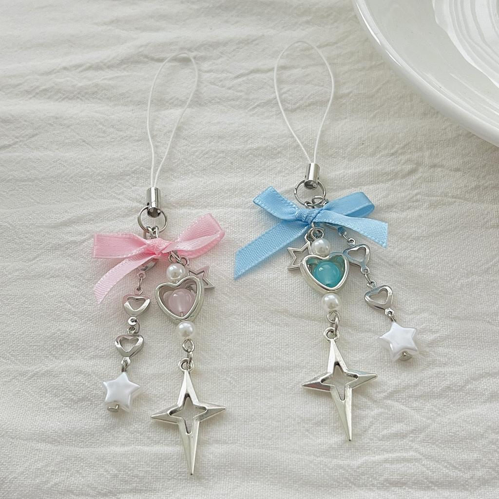 Cute Strap Bow Strawberry Pendant Mobile Phone Chain Bow Beaded Short Camera Pendant Keychain