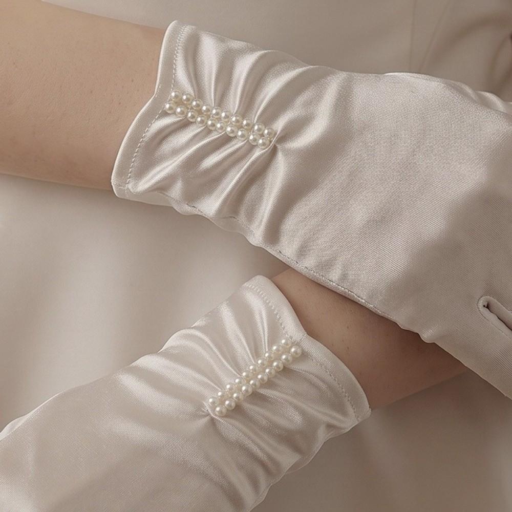 Pearl Decor Full Finger Gloves Ruched Cuff Wedding Accessories Gloves Bridal Gloves  Photoshoot Use