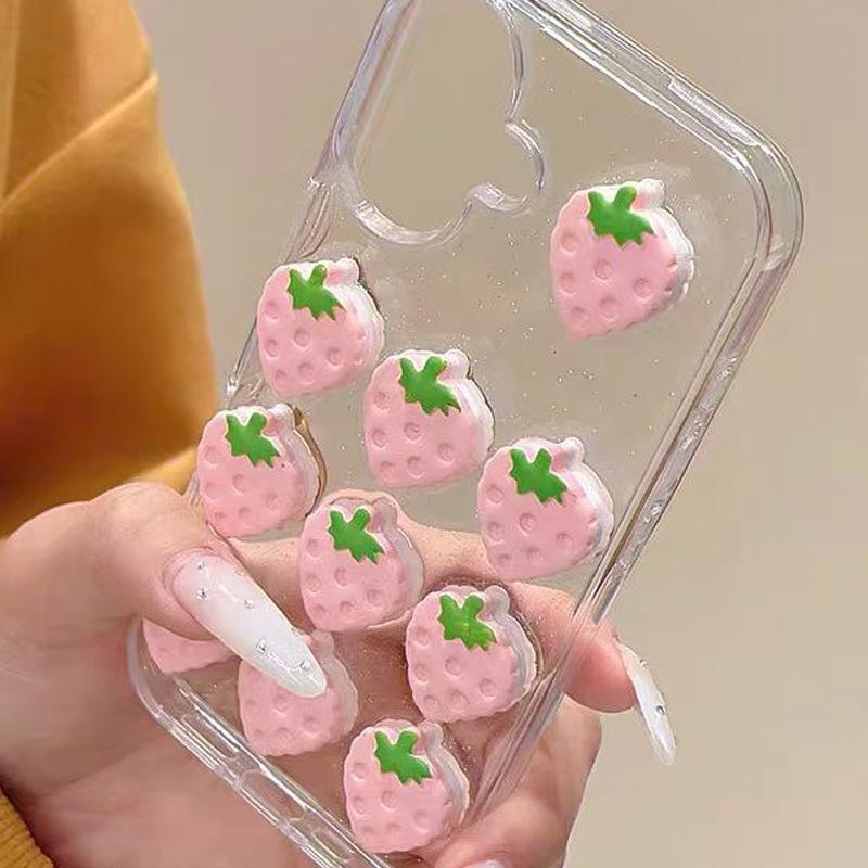 Three-Dimensional Strawberry Transparent Mobile Phone Case For Iphone15Promax Glitter Apple 16 Pink Girl Heart 17