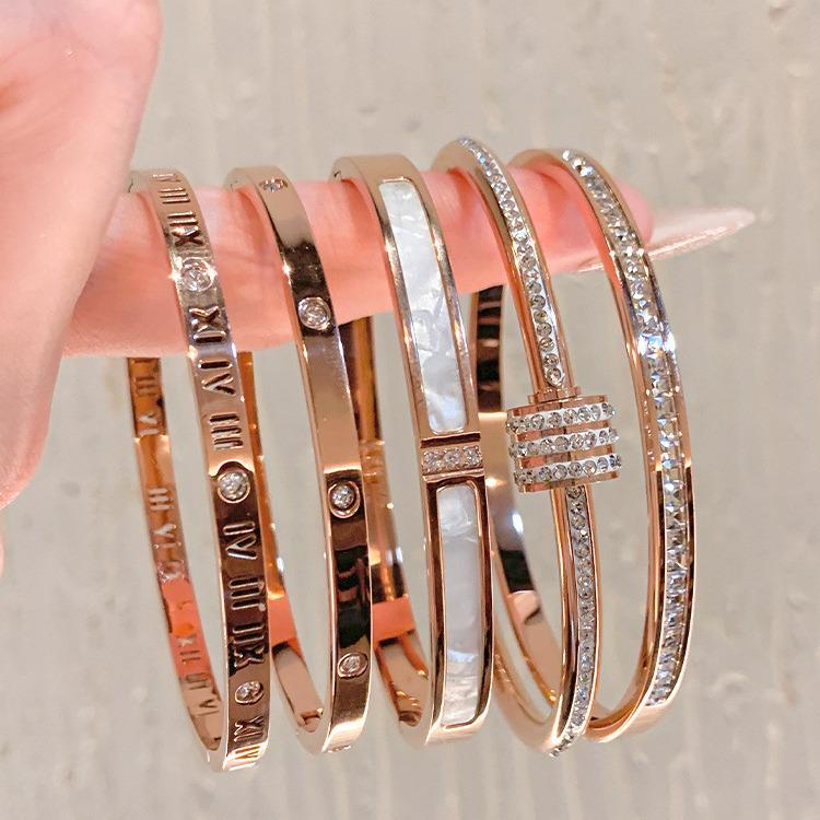 Gold Plated Zircon Titanium Steel Korean Minimalist Bangle | Versatile High-End Bracelet for Women