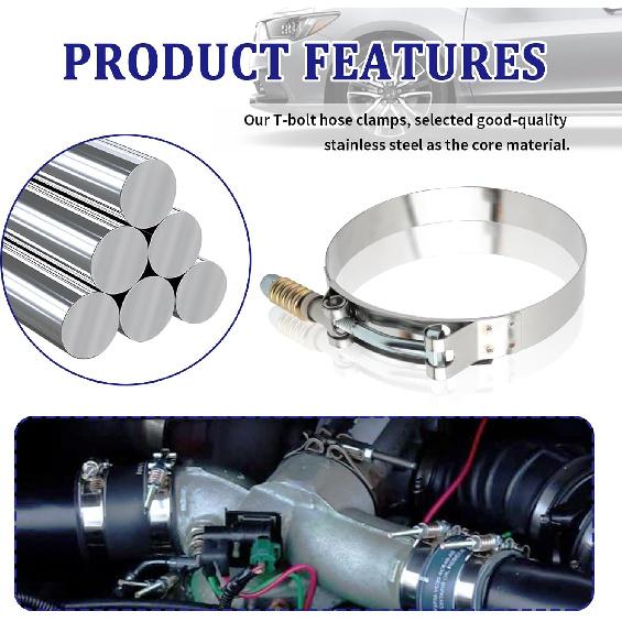 2PCS T Bolt Hose Clamp with Reinforced Spring,Stainless Steel Heavy Duty Hose Clamps Adjustable Range 4"-4.25"(102-110mm),Universal T-Bolt Hoses