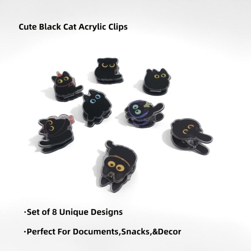 Acrylic Bag Closures with Black Character Artwork, Set of 8 Small Pieces for Kitchen Storage, Treat Bags, Seasoning Packets, and Drawer Order