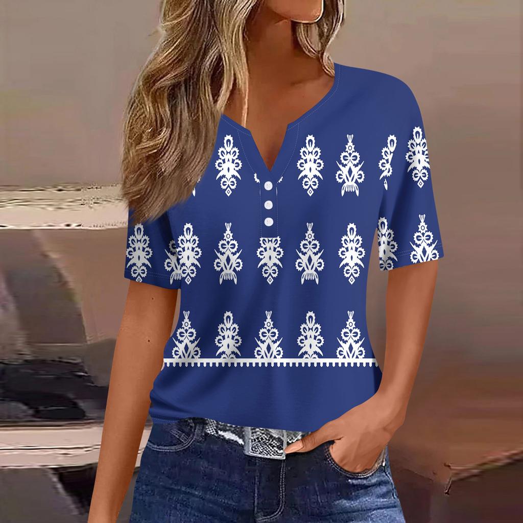 Women's T Shirt Tee Print Button Short Sleeve Daily Weekend Fashion Basic V- Neck Regular Top