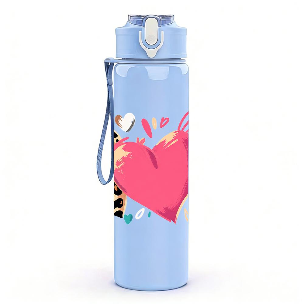 1PC Multi Texture Patch Heart Combo 750ml Color Plastic Sports Water Bottle Leakproof Flip Straw Lid Suitable for Sports Office Home Use