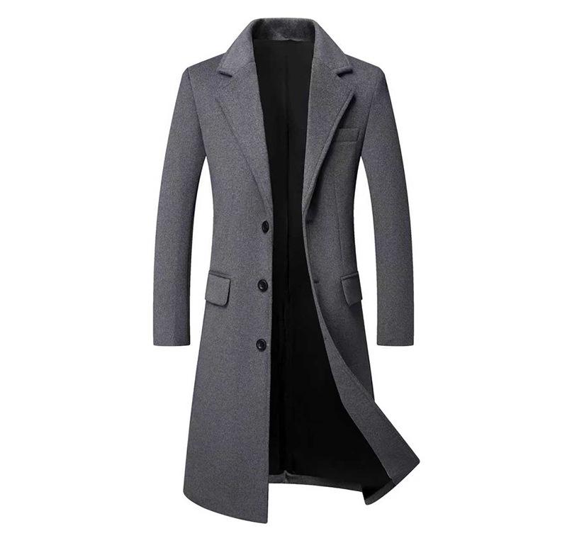 Men's Long Wool Coat with Suit Collar and Thick Cotton Lining
