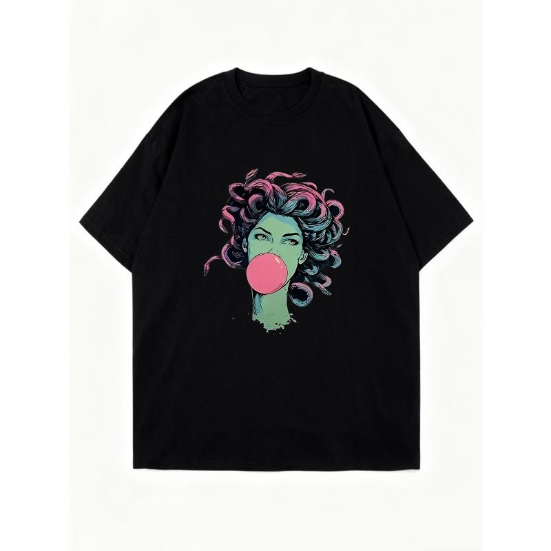 Oversized T Shirt Black Women Blowing Bubblegum Graphic Print Casual Streetwear Summer Top Fashion Statement Piece