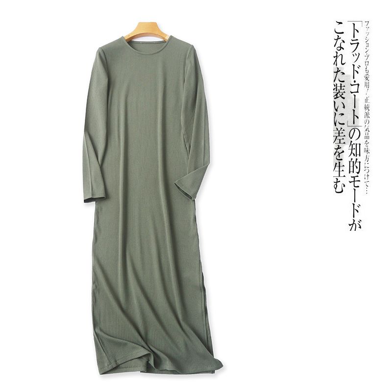 

Rayon Knitted dress Spring and Autumn New Foreign Trade Women clothes round Neck Pullover Long sleeve Straight Split Long dress 29186 Army Green B- 16-1-1 S