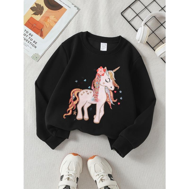 European Sizes Unicorn Floral Mane Stars Girls' Crew Neck Fashion Sweatshirt, Western Top, Children's Long Sleeved Casual Tee
