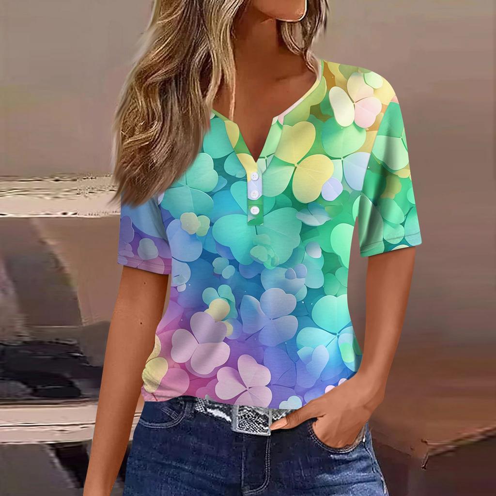 Damen T-Shirt Tee Print Knopf Kurzarm Täglich Wochenende Mode Basic V-Ausschnitt Reguläres Oberteil St. Patrick's Day