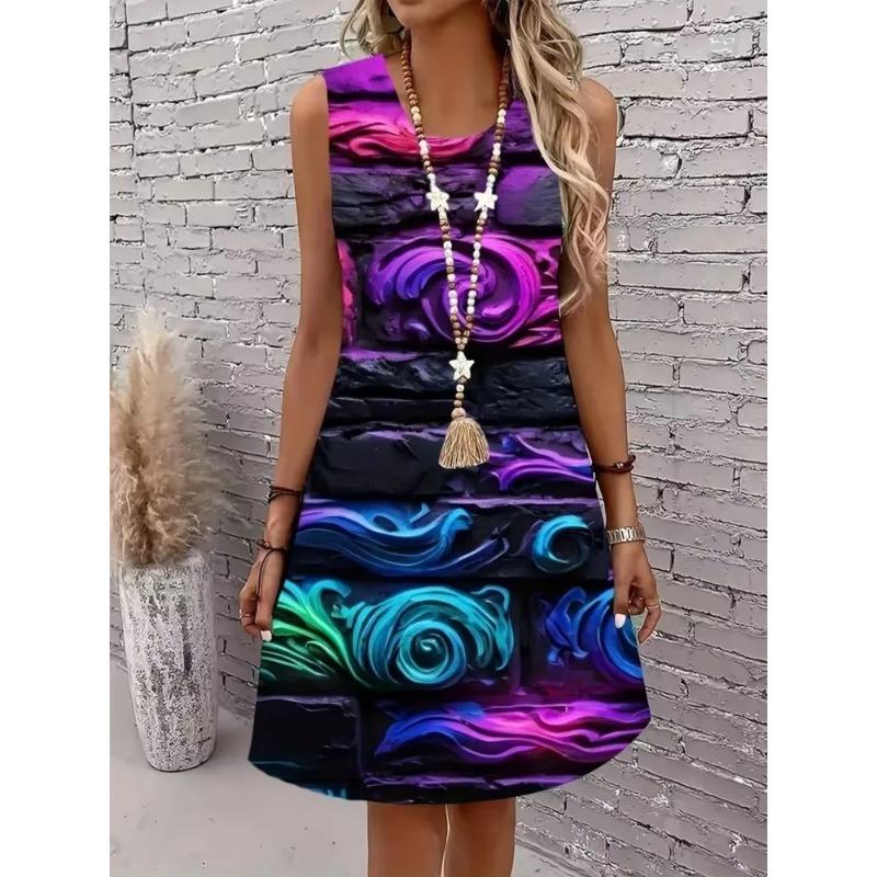 Robe d'été sans manches imprimée 3D pour femme Mode Polyvalente Tendance Respirante Décontractée