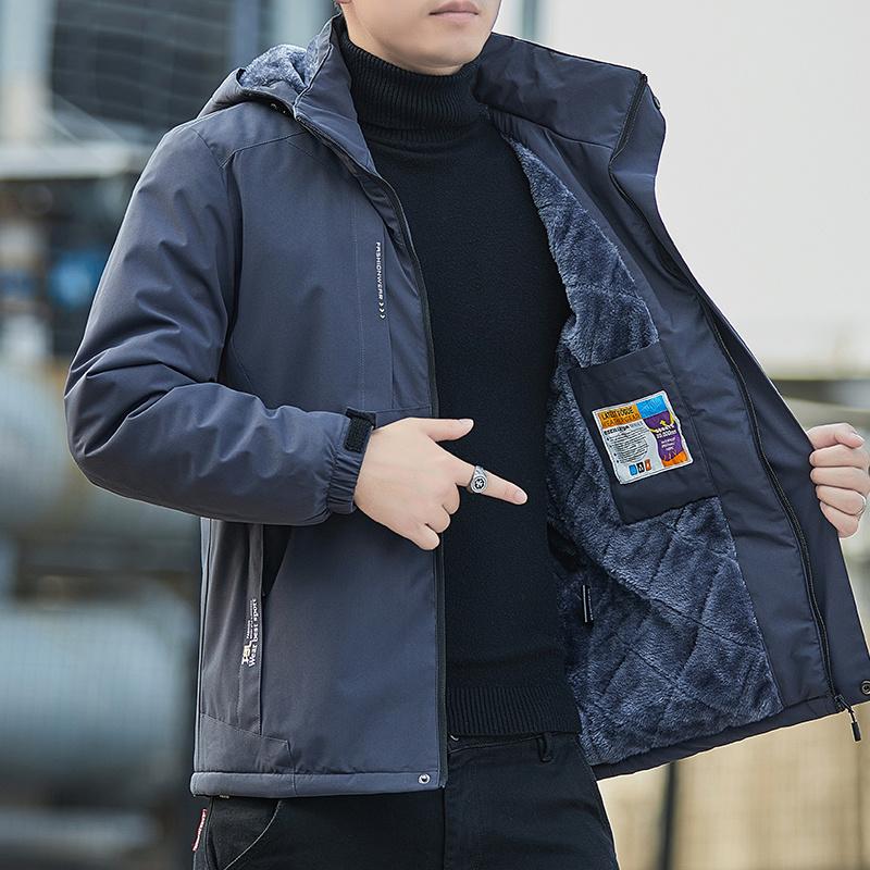 Men Winter Parka Fleece Lined Hat Detachable Thick Warm Hooded Warm Hat Coat Male Plush Jacket Autumn Outwearing