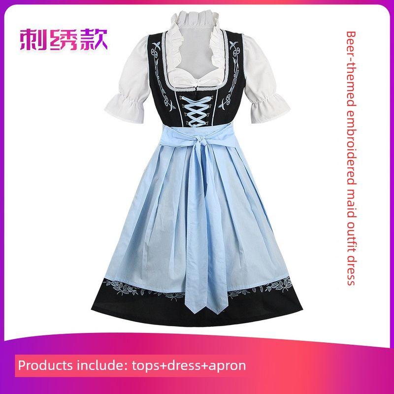 Halloween Costume, Oktoberfest Dress, European and American Carnival Embroidered Maid Outfit, Role-Playing Cosplay Outfit Blue and Black (Embroidered) Skirt XS