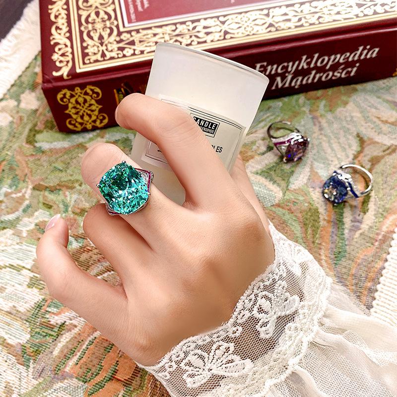 Jewelry Copper Bottom Gold-Plated Simulation Color Treasure Fat Rectangular Luxury Inlaid Texture Ring Female 14 * 16