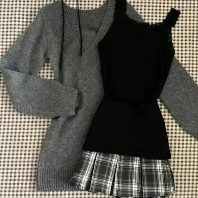 Autumn Winter Women 3 Piece Suits V-neck French Vintage Sweater Long Sleeve Pullovers Lace Vest Y2k JK Skirt Streetwear Outfits Set