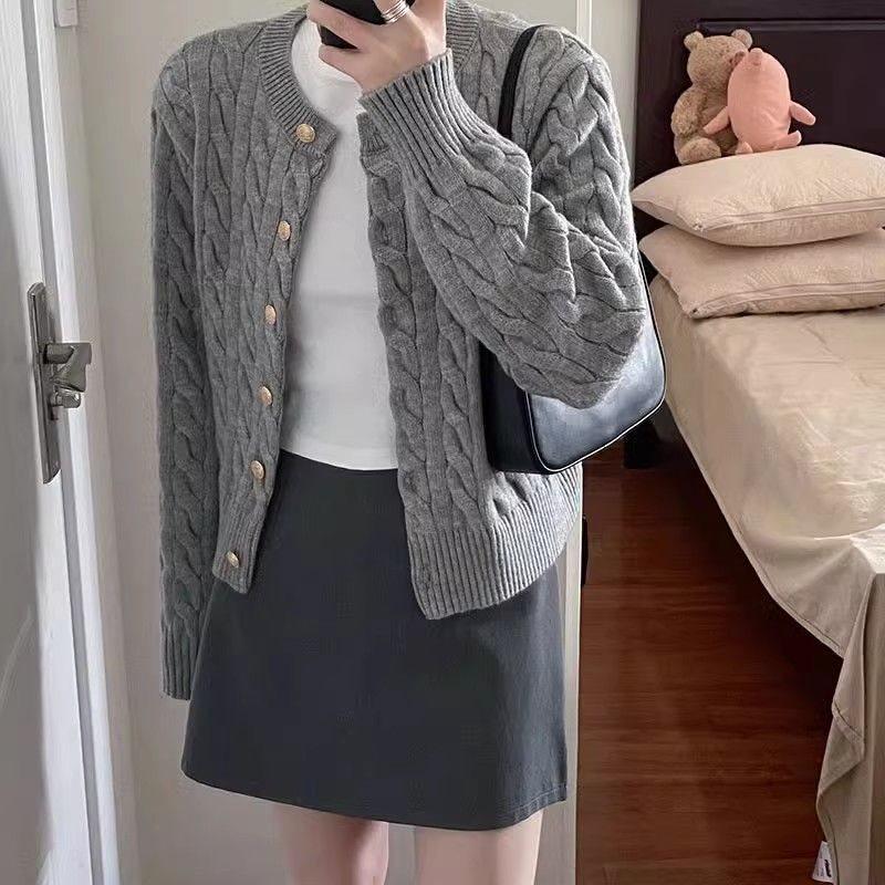 

Women s Preppy Style Grey Cable Knit Cardigan - Versatile Spring Knitwear, Small Size S