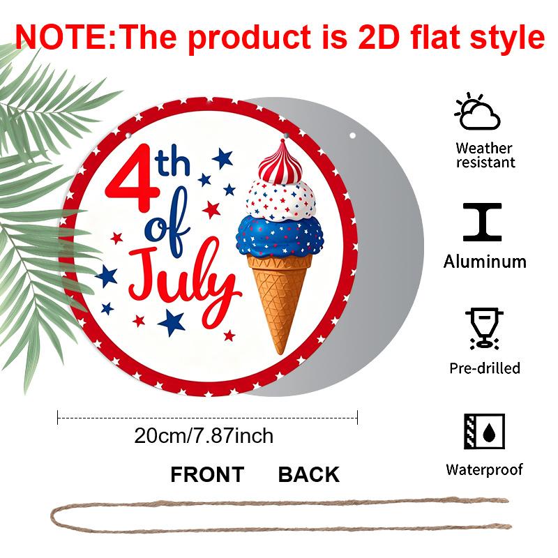 2D Flat - Decorative Signs, 4th of July Patriotic Aluminum Pendant with Hemp Rope - Round Ice Cream Cone Design, Red White and Blue Stars and Stripes