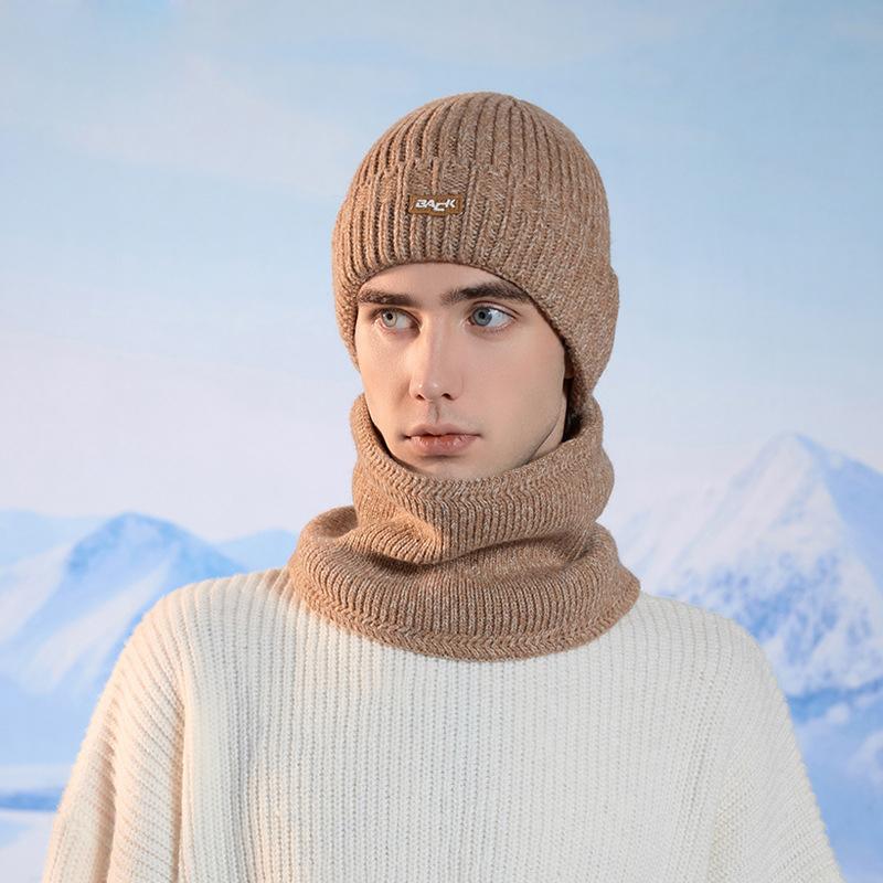 Winter Outdoor Warm Knitted Wool Hat Men's Fleece Cold-Proof Hat Scarf Two-Piece Set Windproof Ear Protection Cap