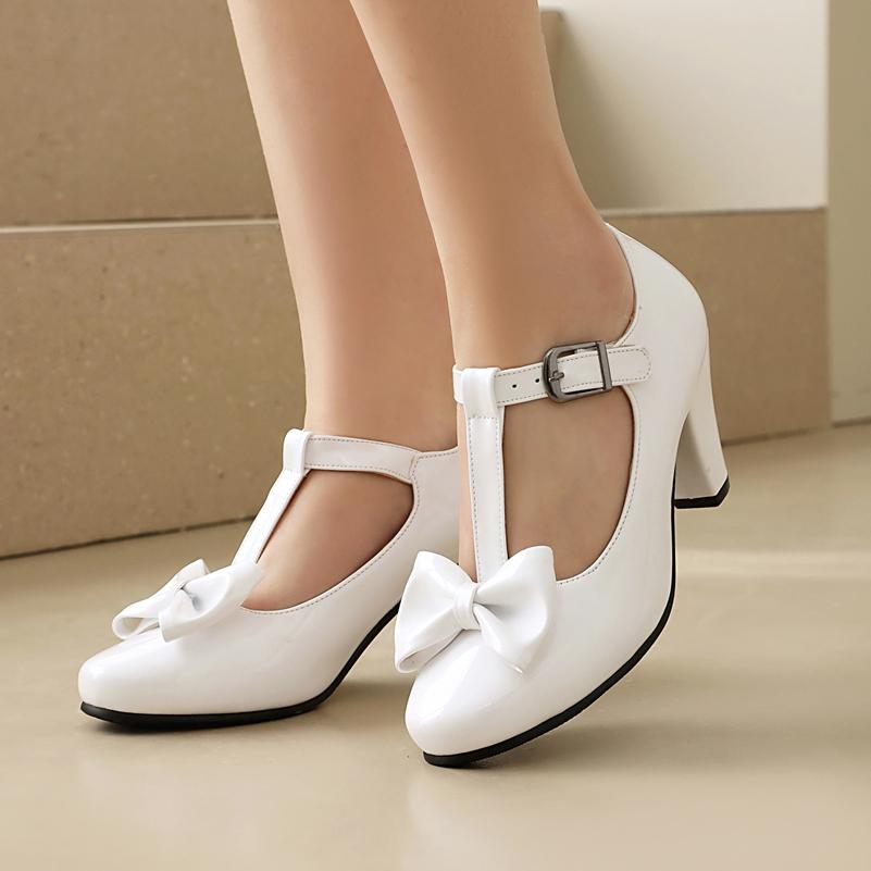 FOREADA Scarpe Mary Jane da Donna con Tacco in Vernice Punta Tonda Tacco Grosso Fibbia Fiocco T-Strap Décolleté Scarpe Moda Donna Primavera Autunno Rosa 46