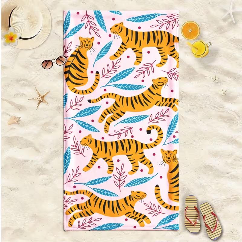Cartoon Tiger Tropical Leaf Print Beach Towel Boho Jungle Animal Quick Dry Sand Free Towel Women Summer Vacation Blanket 50X100cm &1pc