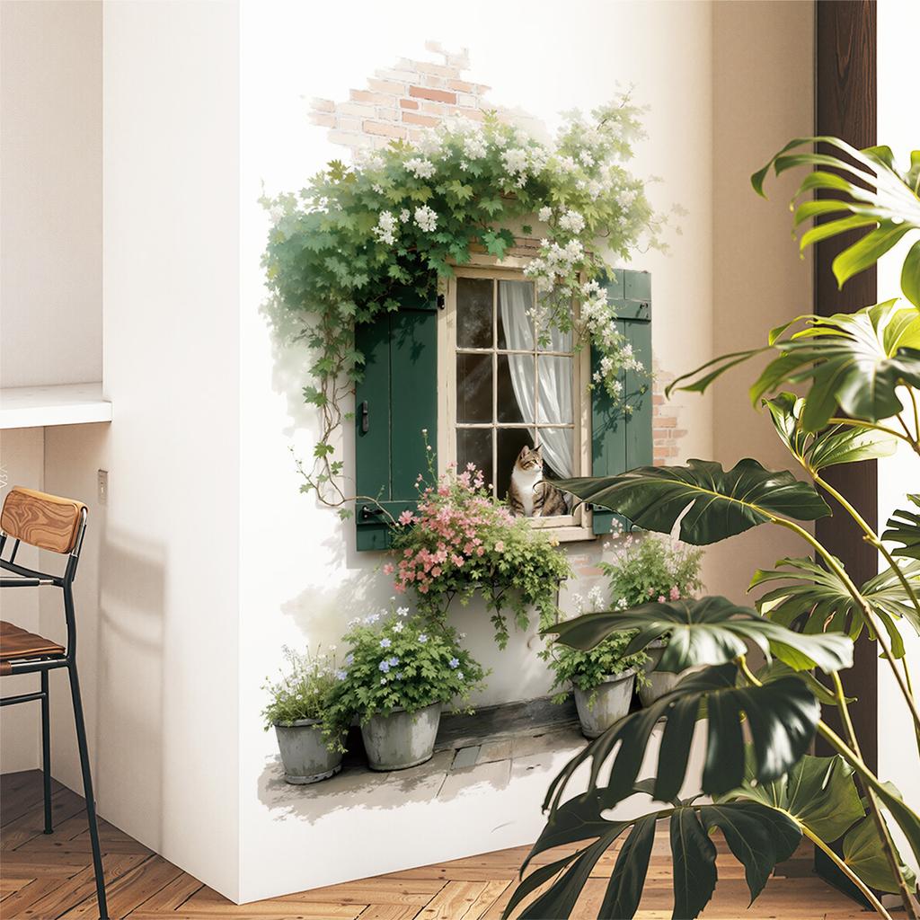 Faux Window with Potted Plants Flowers Wall Sticker Removable Self-Adhesive for Living Room Bedroom Background Wall Decor Art
