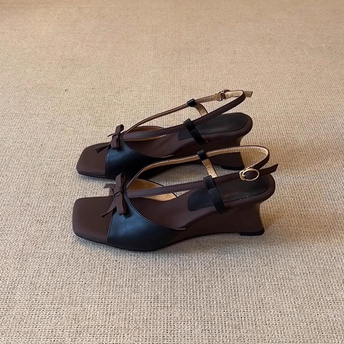 

Niche fashion open-toed bow wedge heel sandals women s summer comfortable and versatile, not tired of wearing sandals outside 40 чёрный