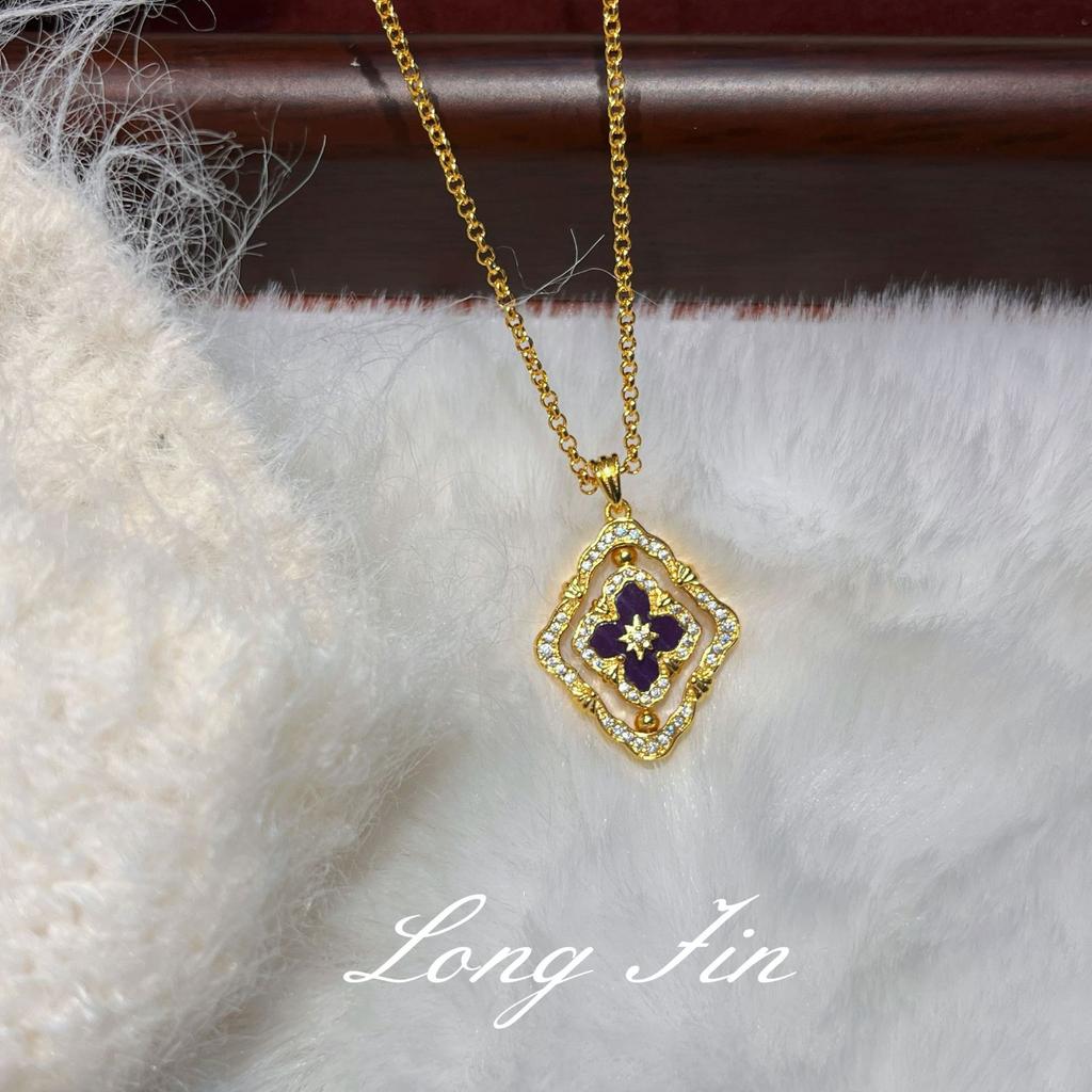 French Retro High-End Purple Dragon Crystal Turquoise Bracelet, Necklace, Earrings, Court Style Four-Leaf Clover Set, Live Broadcast Special