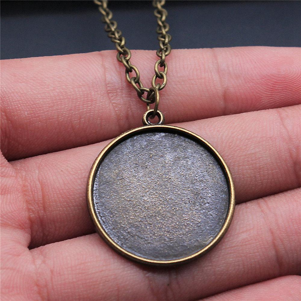 

Fit 25mm Flat Glass Cameo Base Setting Tray Pendant Antique Bronze Silver Metal Daughter Necklace A06-1pcs-25mm 45cm chain