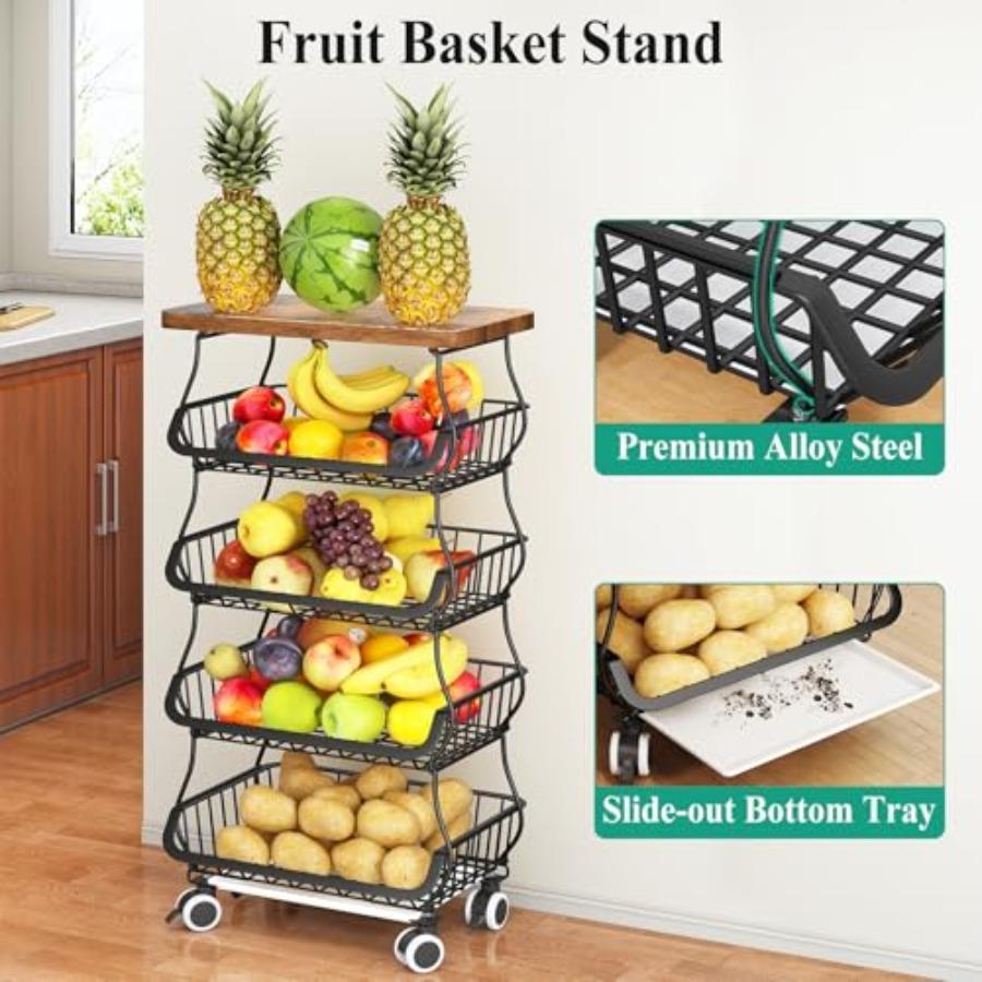 Fruit Basket Kitchen Pantry Organizers and Storage - Wooden Top Table Stackable Metal Wire Basket Stand Cart for Fruit Vegetabl