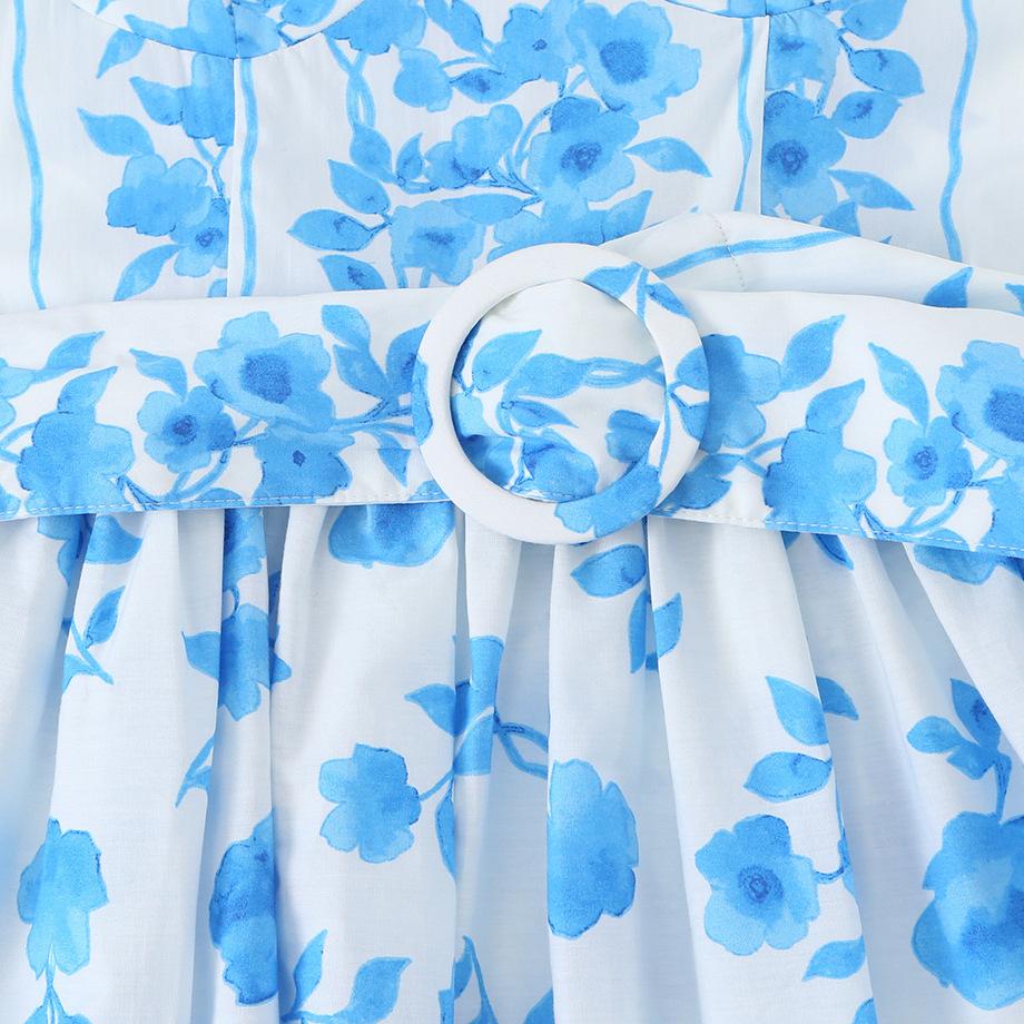 Summer new French retro fashion temperament belt printed poplin Midi suspender dress
