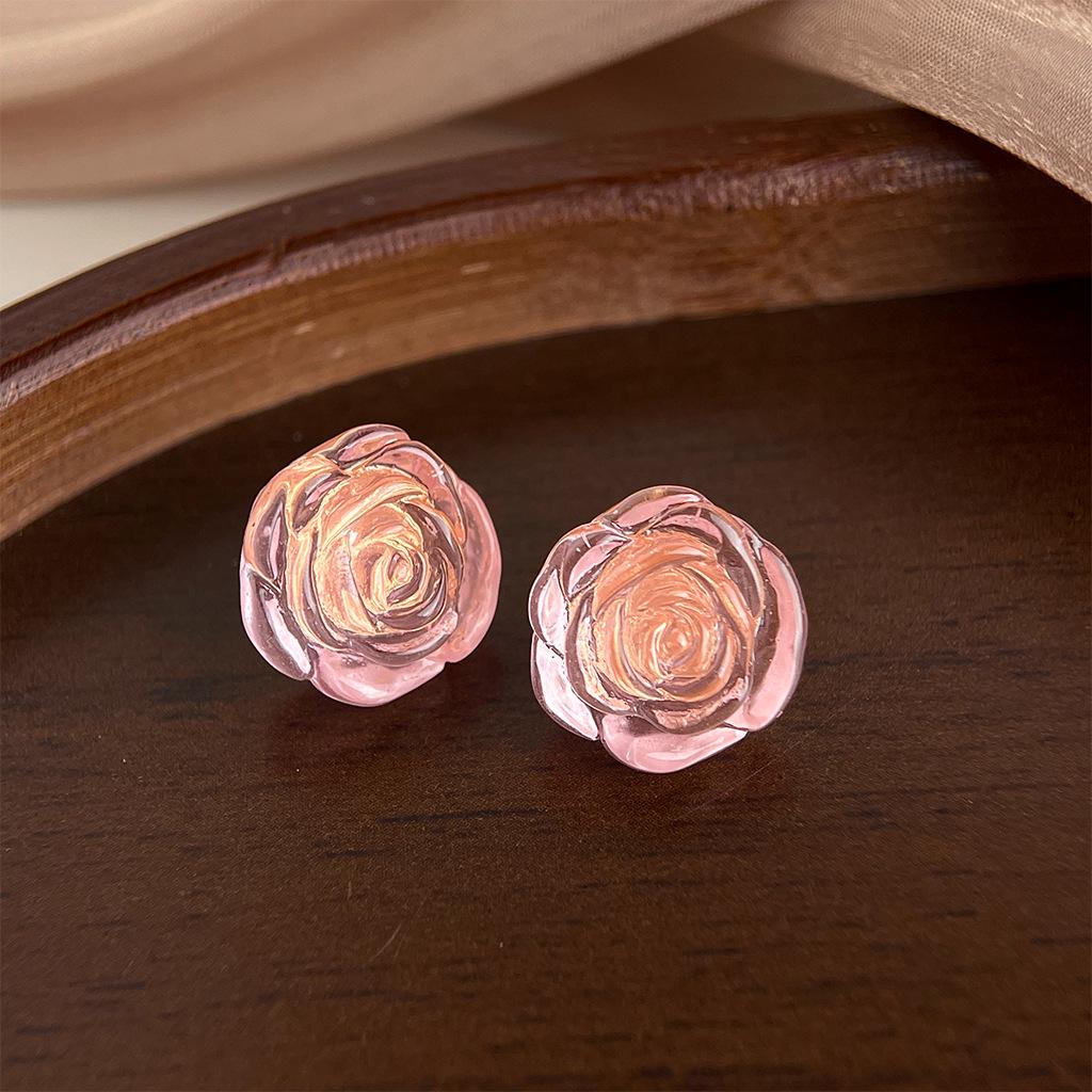 Transparent Pink Resin Rose Stud Earrings - Simple, Versatile, and Sweet Niche Accessories