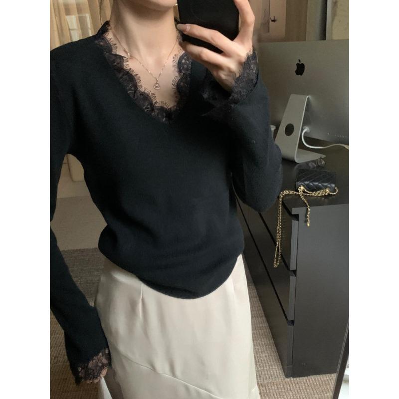 

Легкий зрелый стиль кружевной воротник расклешенный рукав вязаный свитер мягкий восковой свитер женский осенне-зимний приталенный внутренний топ с длинным рукавом L чёрный