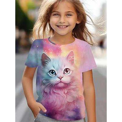 Camisetas engraçadas para meninas, camiseta de manga curta de verão, desenho animado, animais, gato, impressão 3D, 2025, roupas para meninas, moda, camisetas casuais