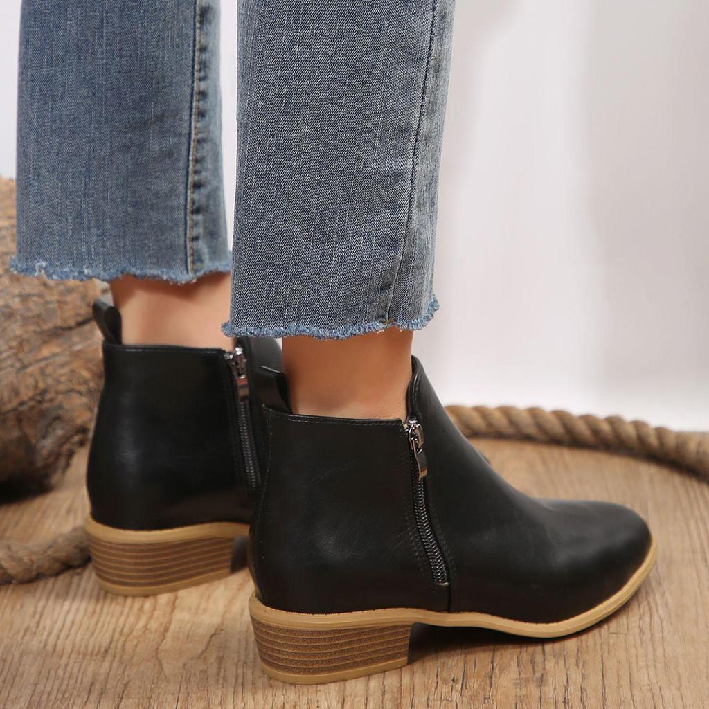 Large Size Casual Short Tube Square Thick Bottomed Snow Boots Autumn Winter PU Martin Boots Side Zipper Shoes 36-43