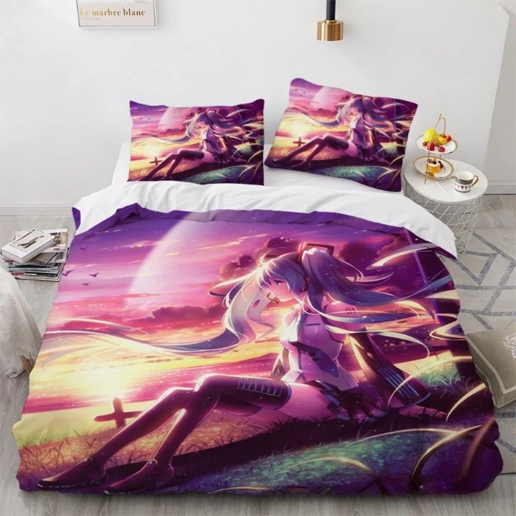 Anime Beautiful Girl Hatsune Miku Balinese Duvet Cover Set Bedding with 1-2 Pillowcases Room Teens Bedroom Decor Fans Gift