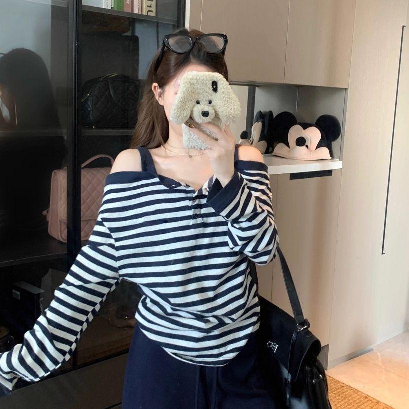 Korean Style Striped One-Shoulder Long-Sleeve T-Shirt for Women - Spring/Autumn Fashion Top Medium