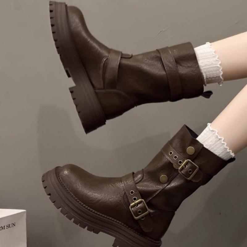 2025 Autumn and Winter New British Style Thick-soled Thin Boots Trendy Belt Buckle Locomotive Boots Medium Tube Martin Boots Women