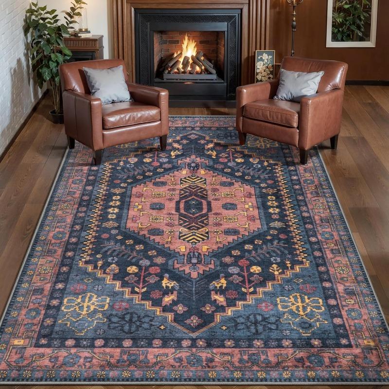 Vintage Persia Style Living Room Carpet Machine Washable Antislip Floor Mat Soft Rugs for Bedroom Bedside Geometric Print Design