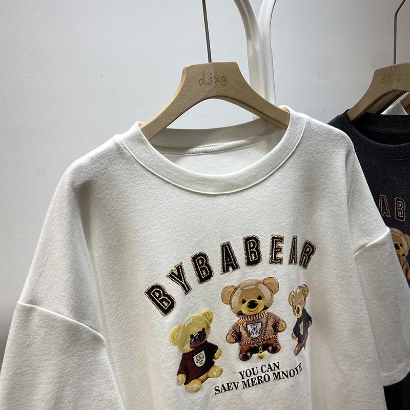 Camiseta Holgada de Algodón para Mujer con Estampado de Tres Ositos - Top de Moda Casual de Verano