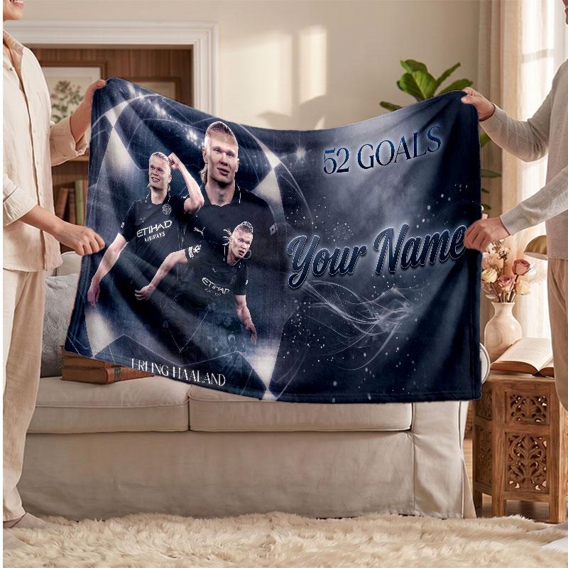 Erling Haaland Personalisierte Fleecedecke Mit Fußballlogo, Individueller Name Text Weich Warm Wohnzimmer Überwurfdecke