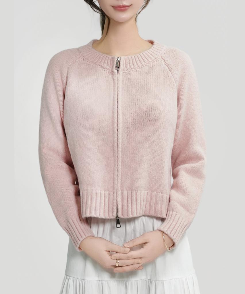 Keulleiseu Ivy Round Two-Way Zip-Up Knit Cardigan_Pink