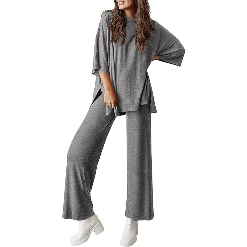 Women's 2 Piece Outfit Oversized Half Sleeve Top Wide Leg Pants Set Casual Loungewear