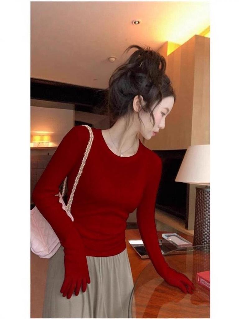 Trendy American Crew Neck Long Sleeve Slim Fit Top for Women - Autumn/Winter