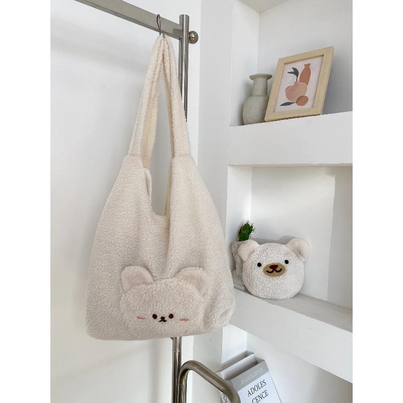 Cute Bear Faux Lamb Wool Women's Shoulder Bag Fall Winter Large Capacity Female Tote Bag Carto Embroidery Ladies Messenger Bag
