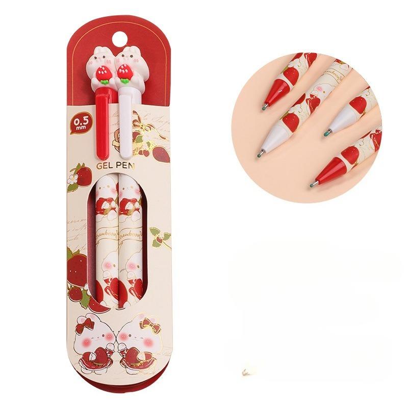 2 ks/sada Kawaii Králíček Jahoda Sada per Estetická Gelová pera s tlačítkovým mechanismem 0,5 mm Černý inkoust Roztomilé Studentské potřeby Hladké psaní