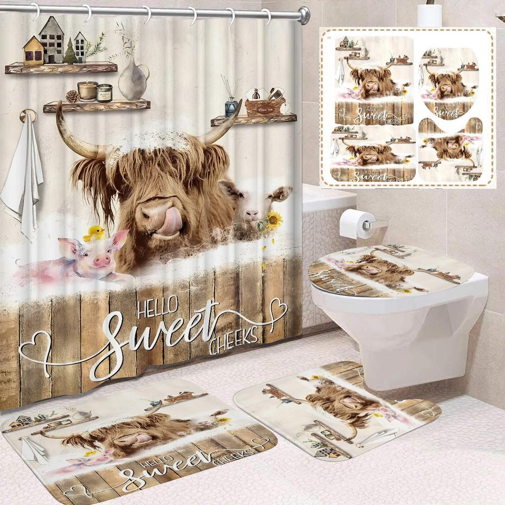 Cute Highland Cattle Printed Shower Curtain Waterproof Durable Polyester Bath Curtain For Home New Year Christmas Bathroom Decor