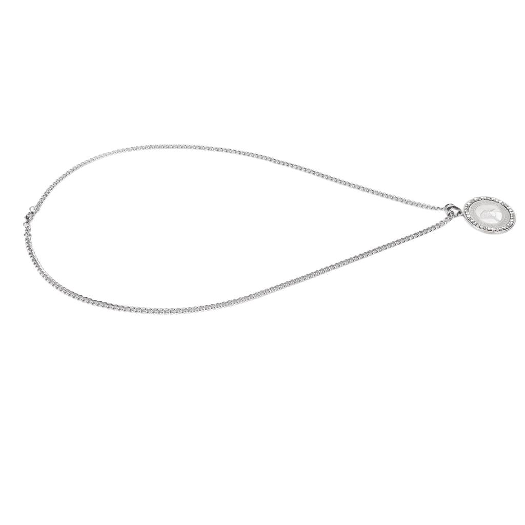 Round Engraved Pendant Necklace Men Women Fashionable Stainless Steel Rhinestone Pendant Necklace Steel Color